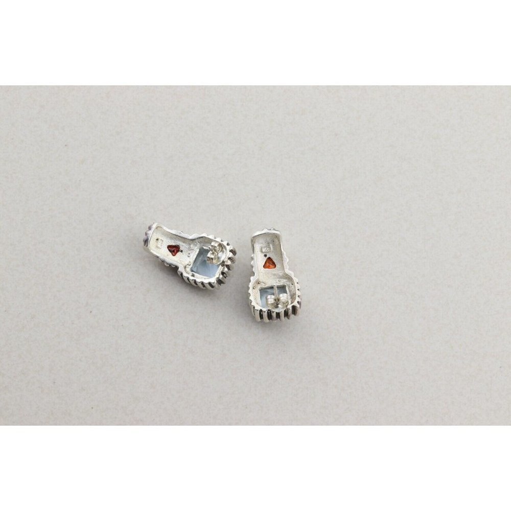 Sterling Silver Blue Glass with Red CZ J Hoop Earrings - Picture 8 of 8